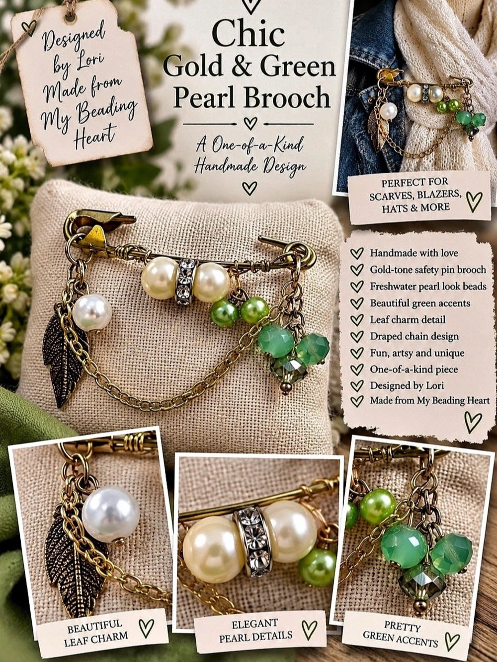 Handmade Gold & Green Pearl Brooch NWT